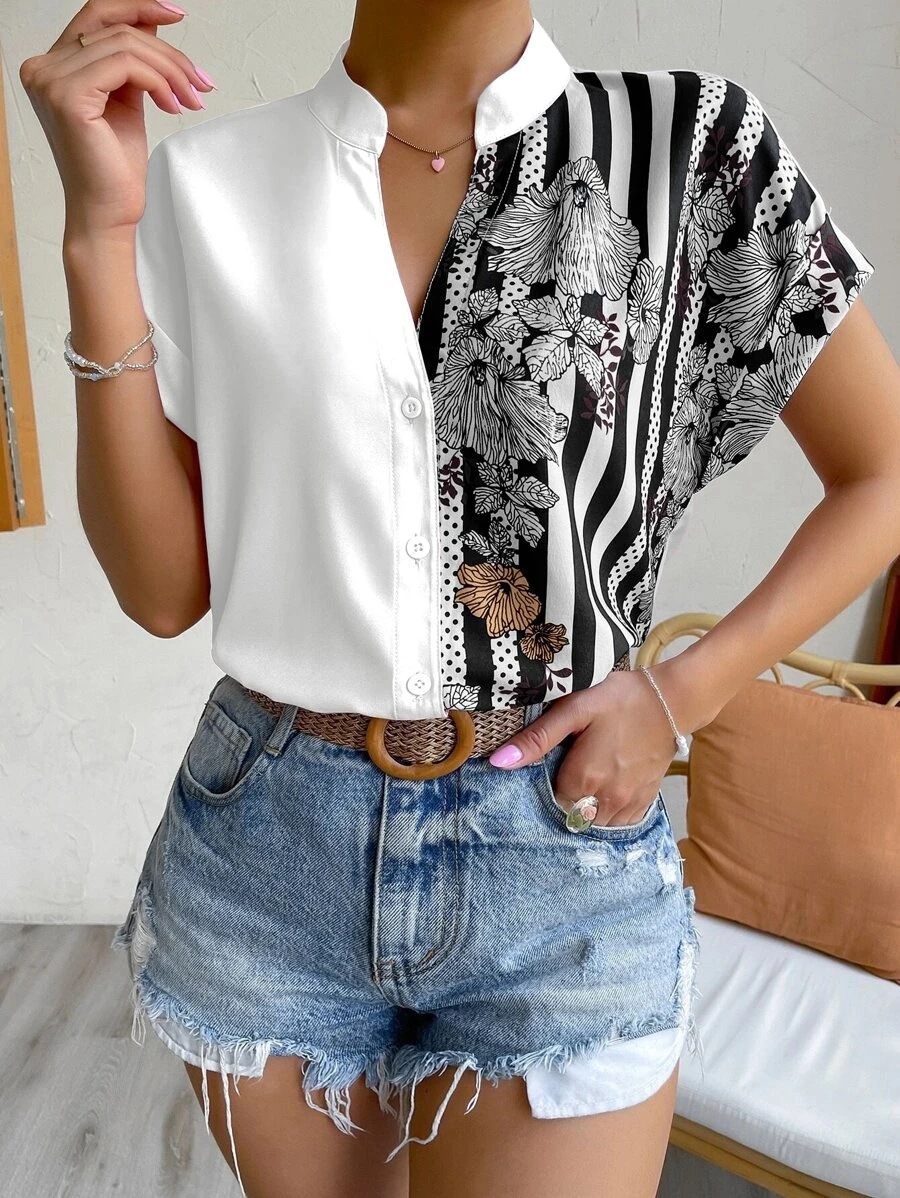 Double Contrast Color Floral Button Cardigan Short Sleeve Shirt