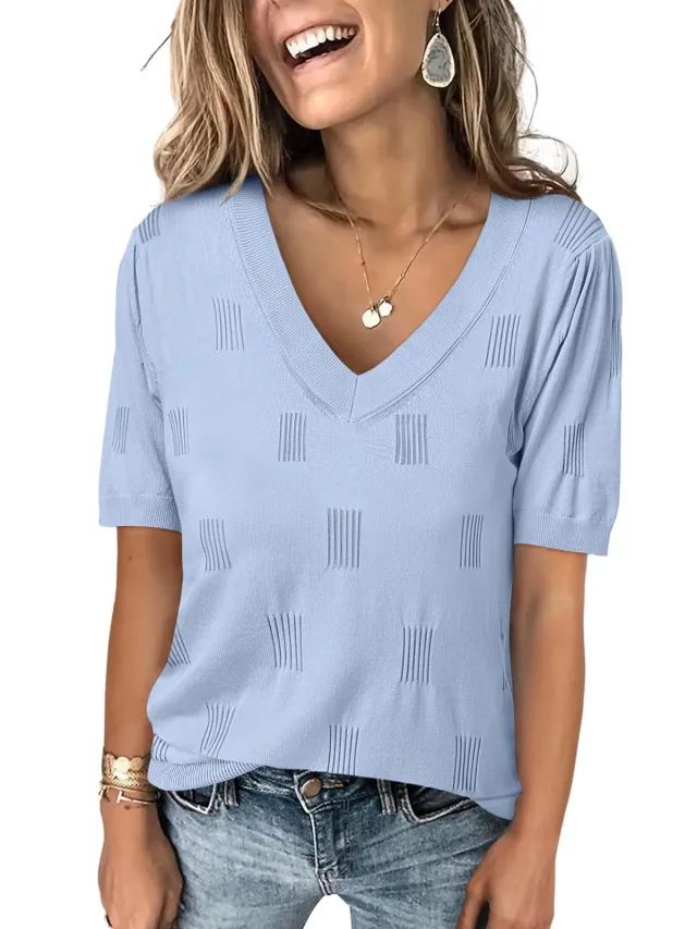 V neck Lightweight Thin Knit Sweater With Short Sleeves Light Blue - Shop at LoveMi
