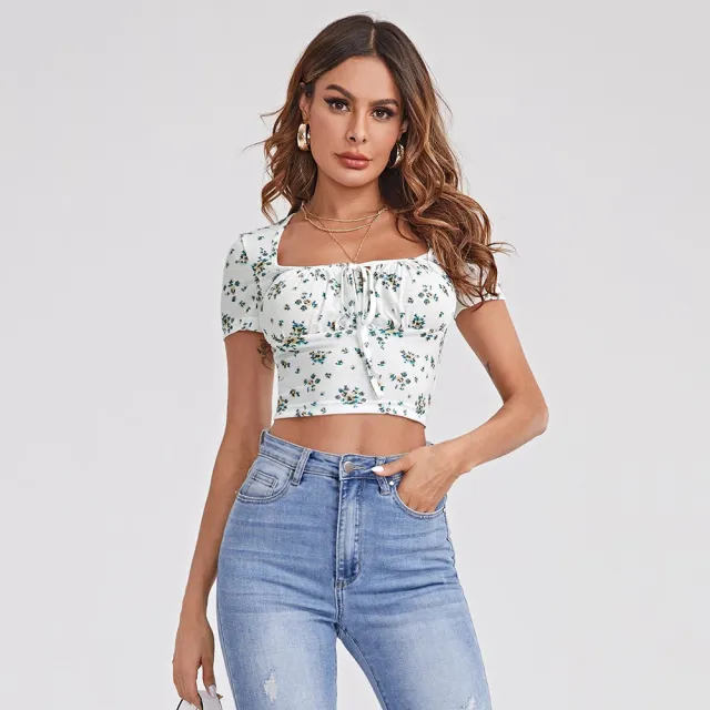 Women's Square Neck Casual Short Sleeve Floral Top Floral - Shop at LoveMi