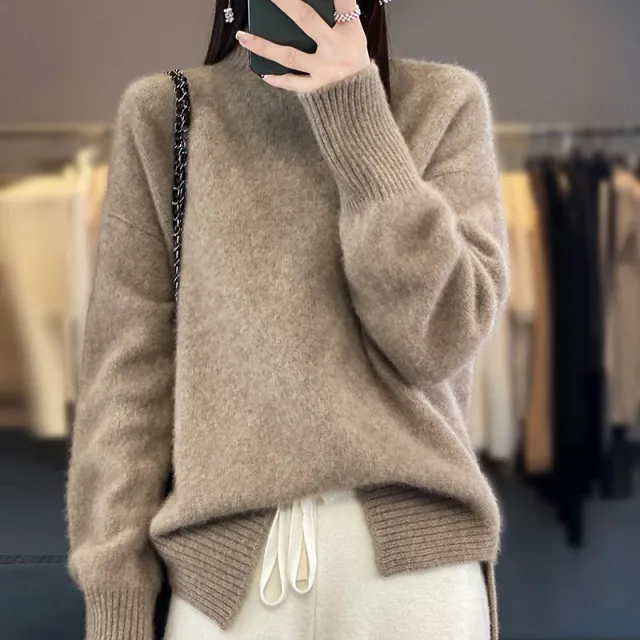 High Collar Drop shoulder Sleeve Split Thick Sweater Women Camel - Shop at LoveMi