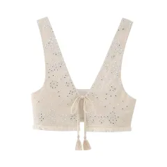 Women's Mirror Inlaid Embroidery Short Vest - Apricot - View 1