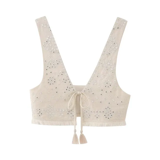 Women's Mirror Inlaid Embroidery Short Vest Apricot - Shop at LoveMi