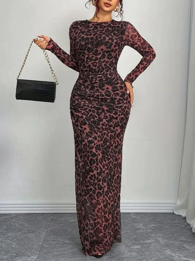 Elegant Womens Leopard Print Sheer Long Sleeve Bodycon Dress Coral - Shop at LoveMi