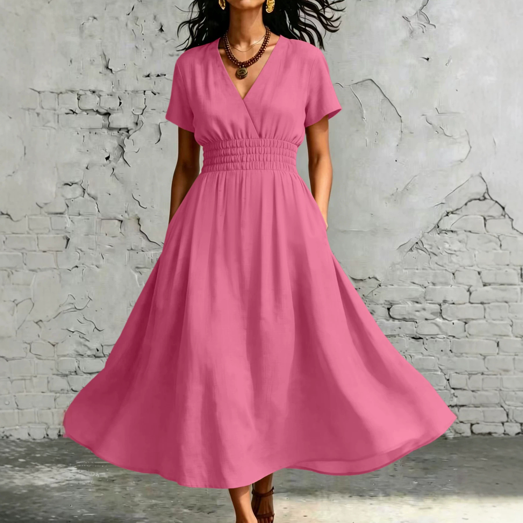 Women's solid color V-neck midi dress styled for vacation and beach wear
