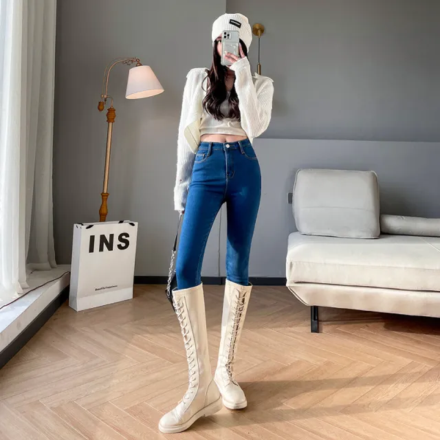 Fleece lined Base High Waist Black Tight Trousers Skinny Pants Dark Blue Ninth Pants Trousers - Shop at LoveMi
