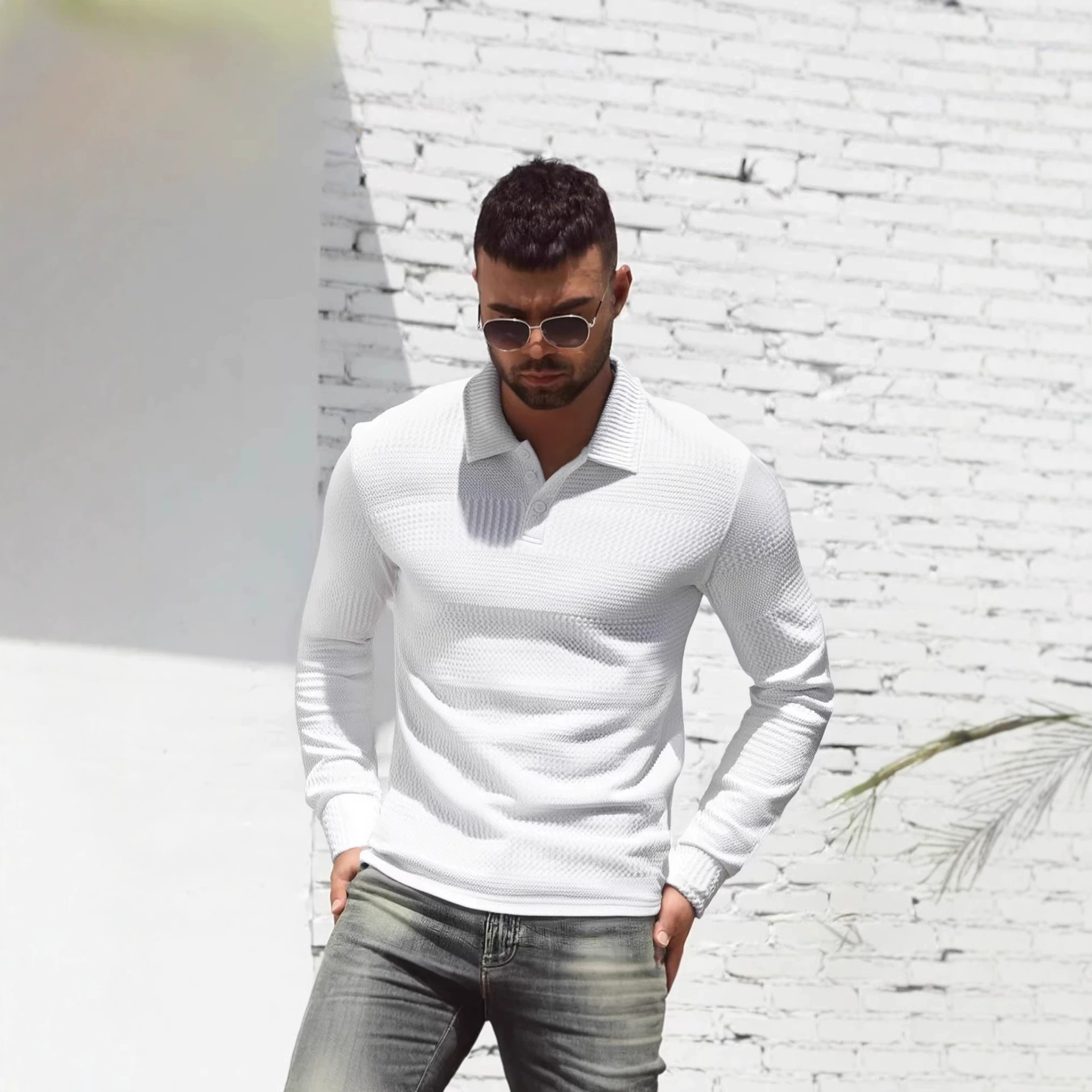 Long-sleeve Buttoned Textured Lapel Top