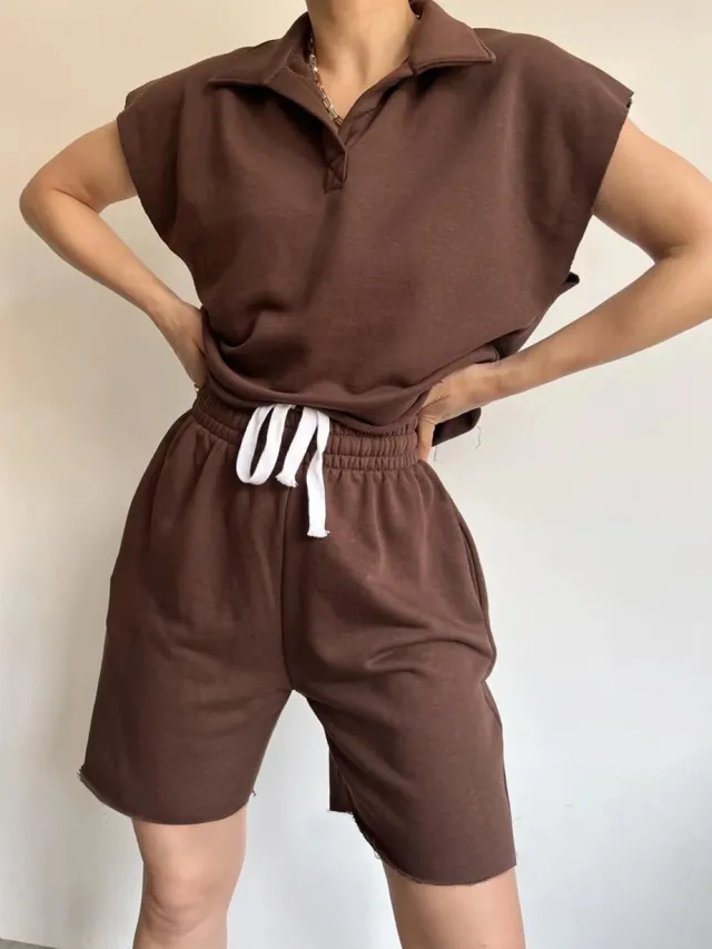 Lapel collar Full sleeve Loose Top And Drawstring Shorts Set Brown - Shop at LoveMi
