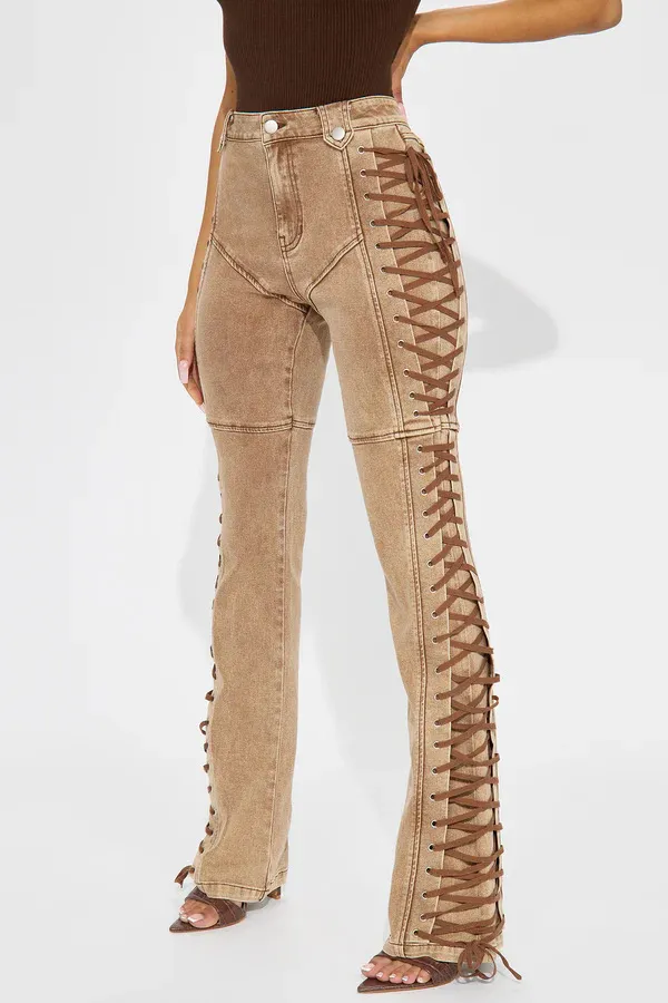 European And American Fashion Women's Wear Bandage Drawstring Jeans Camel - Shop at LoveMi