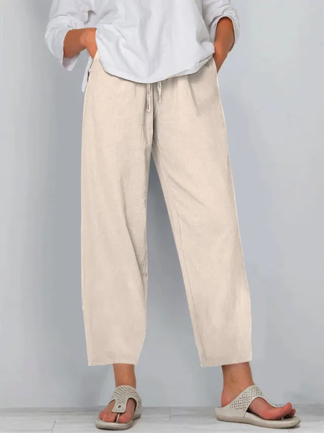 Elastic Waist Solid Color Cotton And Linen Wide Leg Casual Trousers Apricot - Shop at LoveMi