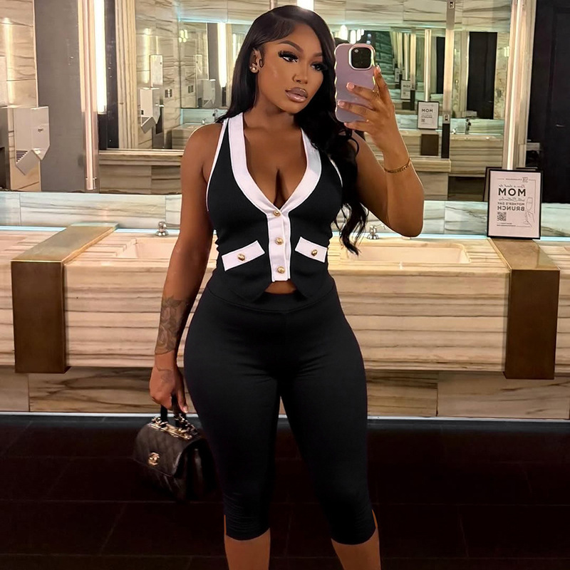 Women's Contrast Color V-neck Gold Button Halter Backless Top Tight Cropped Trousers Suit