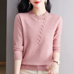 Long Sleeve Knitted Button Top Bottoming Shirt - Pink - View 1