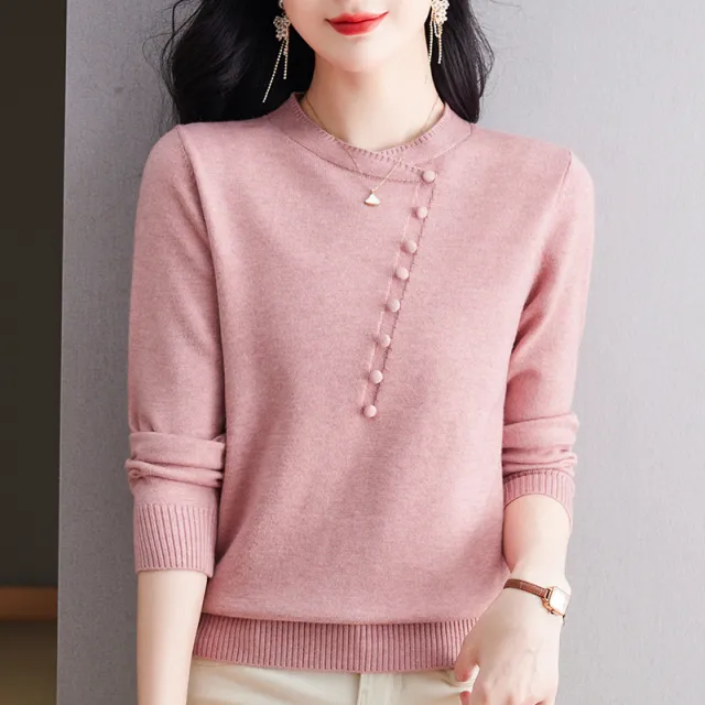 Long Sleeve Knitted Button Top Bottoming Shirt Pink - Shop at LoveMi