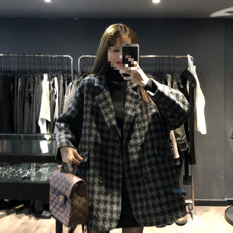 Houndstooth Design Woolen Coat Women's Loose Casual Gray - Shop at LoveMi