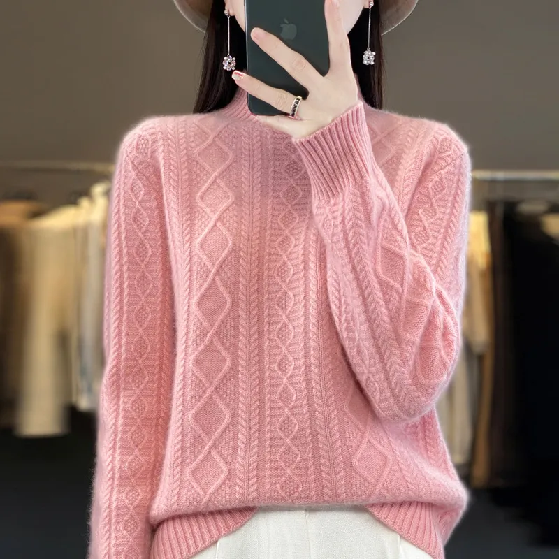 Autumn And Winter Thickening Half Turtleneck Cable-knit Sweater Sweater - Pink
