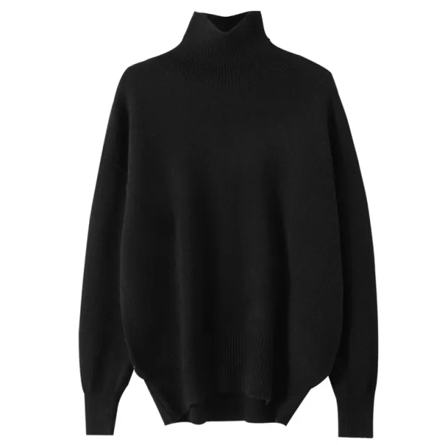 Women's High neck Pure Wool Sweater Extra thick Cashmere Black - Shop at LoveMi