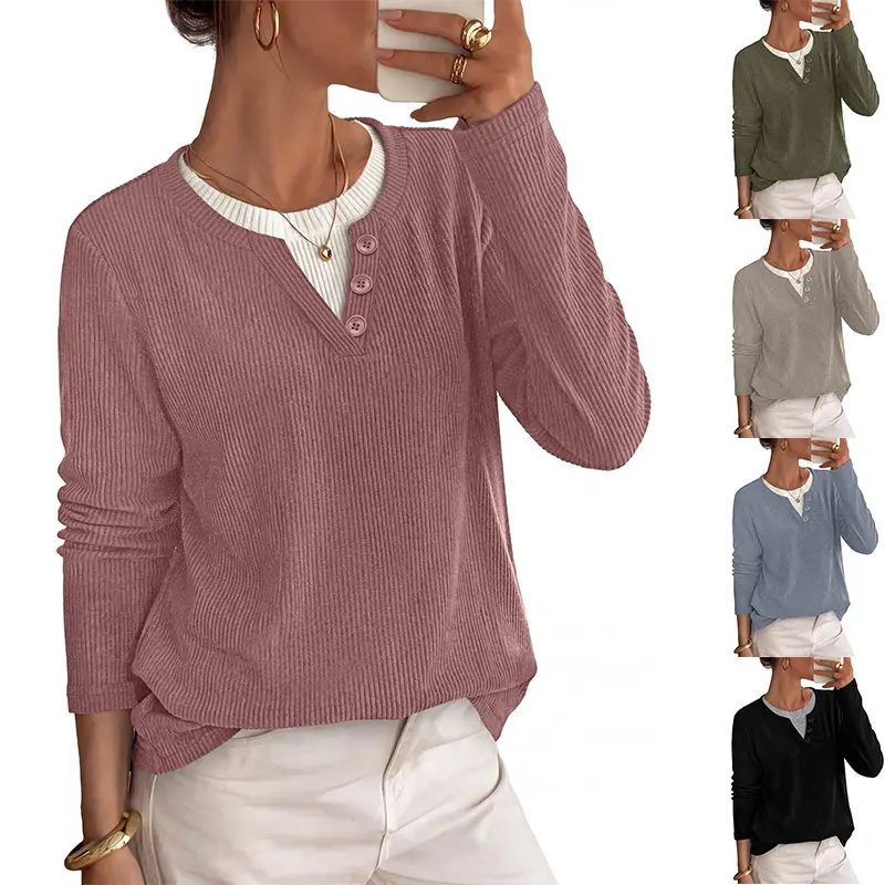 Womens Crew-neck Faux-sweater Long-sleeve Color-block Top