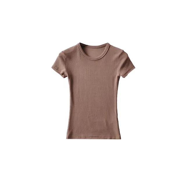 Basic Style Round Neck Tight Stretch Solid Color Short Sleeve T shirt Top Deep Khaki Common Style - Shop at LoveMi