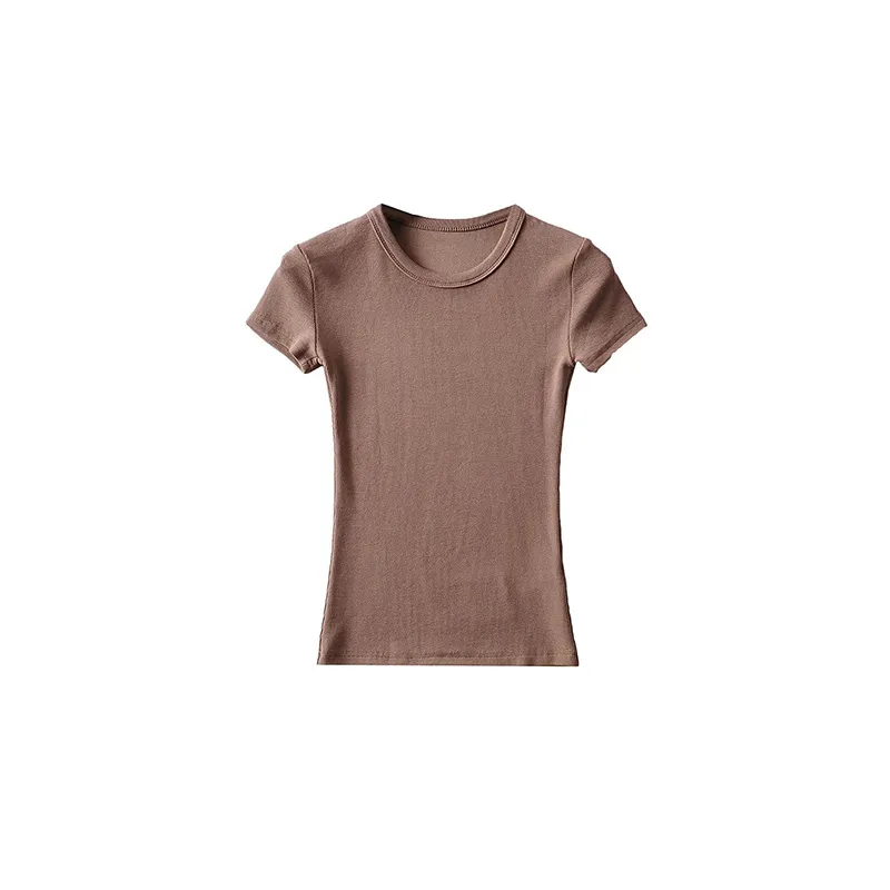 Basic Style Round Neck Tight Stretch Solid Color Short Sleeve T-shirt Top - Deep Khaki Common Style