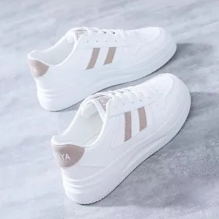Women's All-matching Casual Sports Leather Summer White Sneakers Internet Celebrity - Khaki