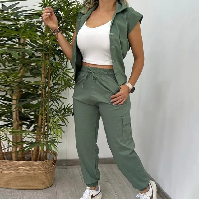 Women's Fashionable Elegant Lapel Short sleeved Shirt And Trousers Suit Green - Shop at LoveMi