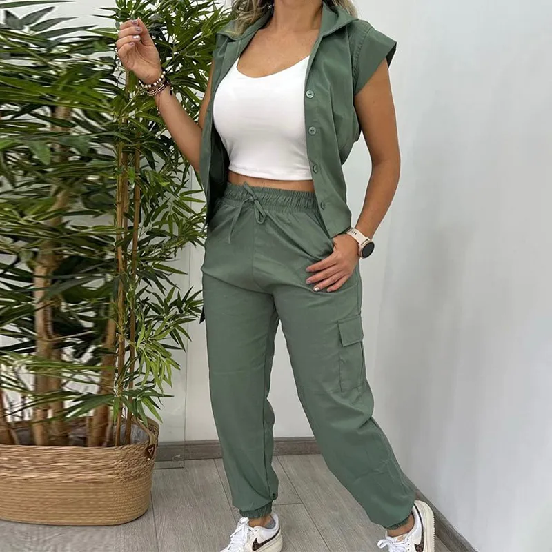 Women's Fashionable Elegant Lapel Short-sleeved Shirt And Trousers Suit - Green