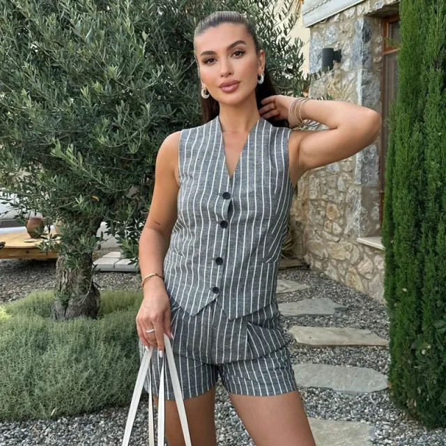 Summer Stripes Cotton And Linen Vest Shorts Set Gray - Shop at LoveMi