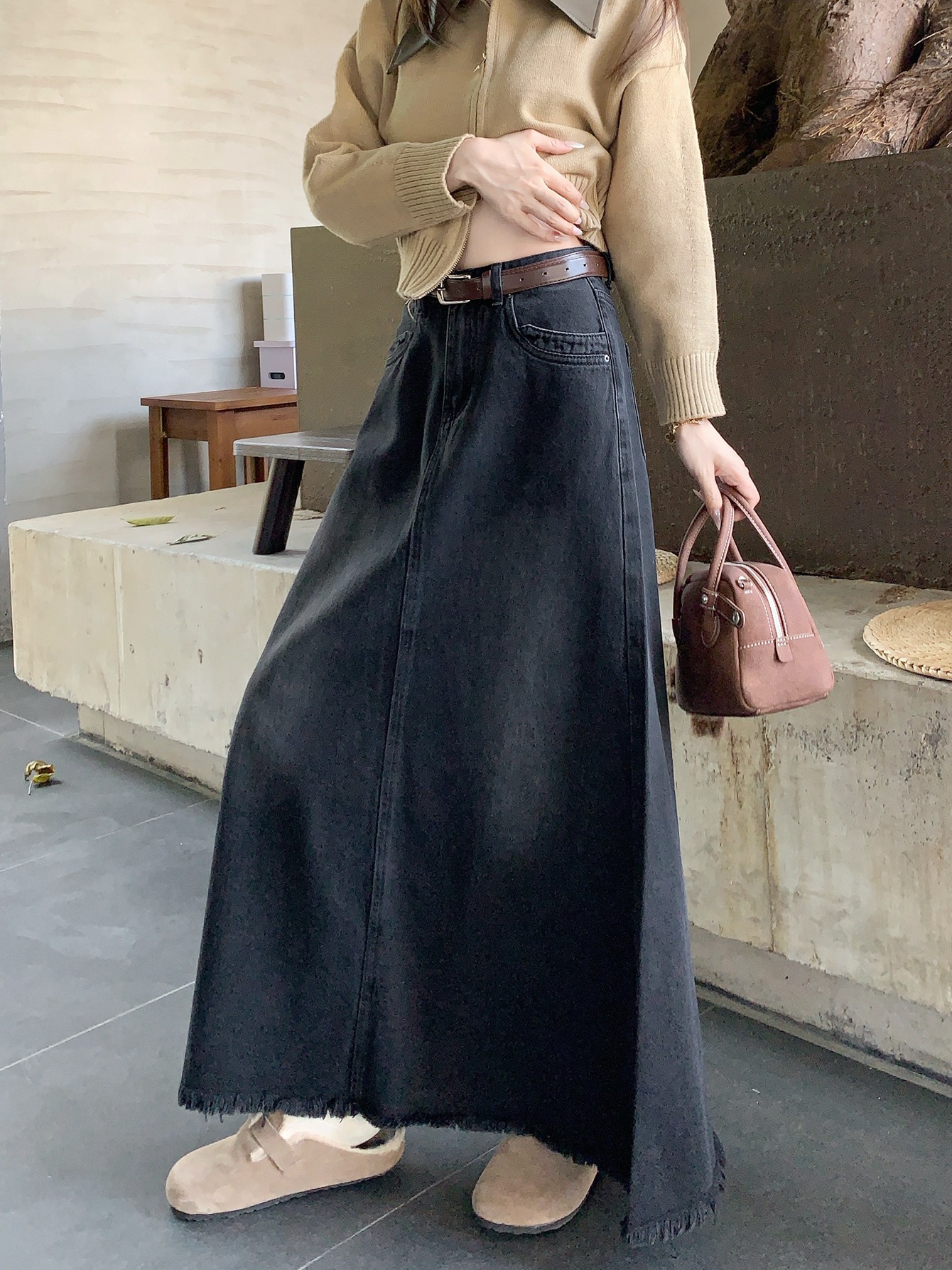 Spring And Autumn Korean Style High Waist Denim Midi Skirt Women's Retro Washed Frayed Edges 86ef6766 1164 42c0 B290 1bf868f18fea