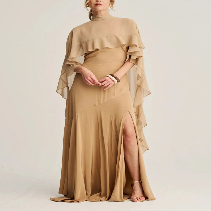 Elegant High neck Ruffled Cape Gown With Graceful Evening Dress Apricot - Shop at LoveMi