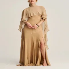 Elegant High-neck Ruffled Cape Gown With Graceful Evening Dress - Apricot - View 1