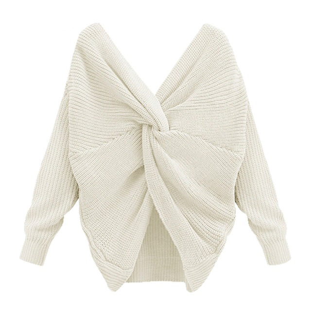 V neck Cross Backless Sweater Sexy Long sleeved Sweater White - Shop at LoveMi