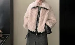 Design-oriented Eco-friendly Wool-and-PU-leather Blend Lapel Jacket - Pink - View 1