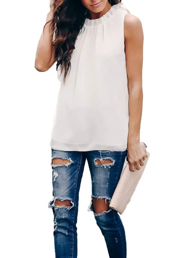 Women's Summer Ruffles Neckline Vest Double Lined Chiffon Shirt White - Shop at LoveMi