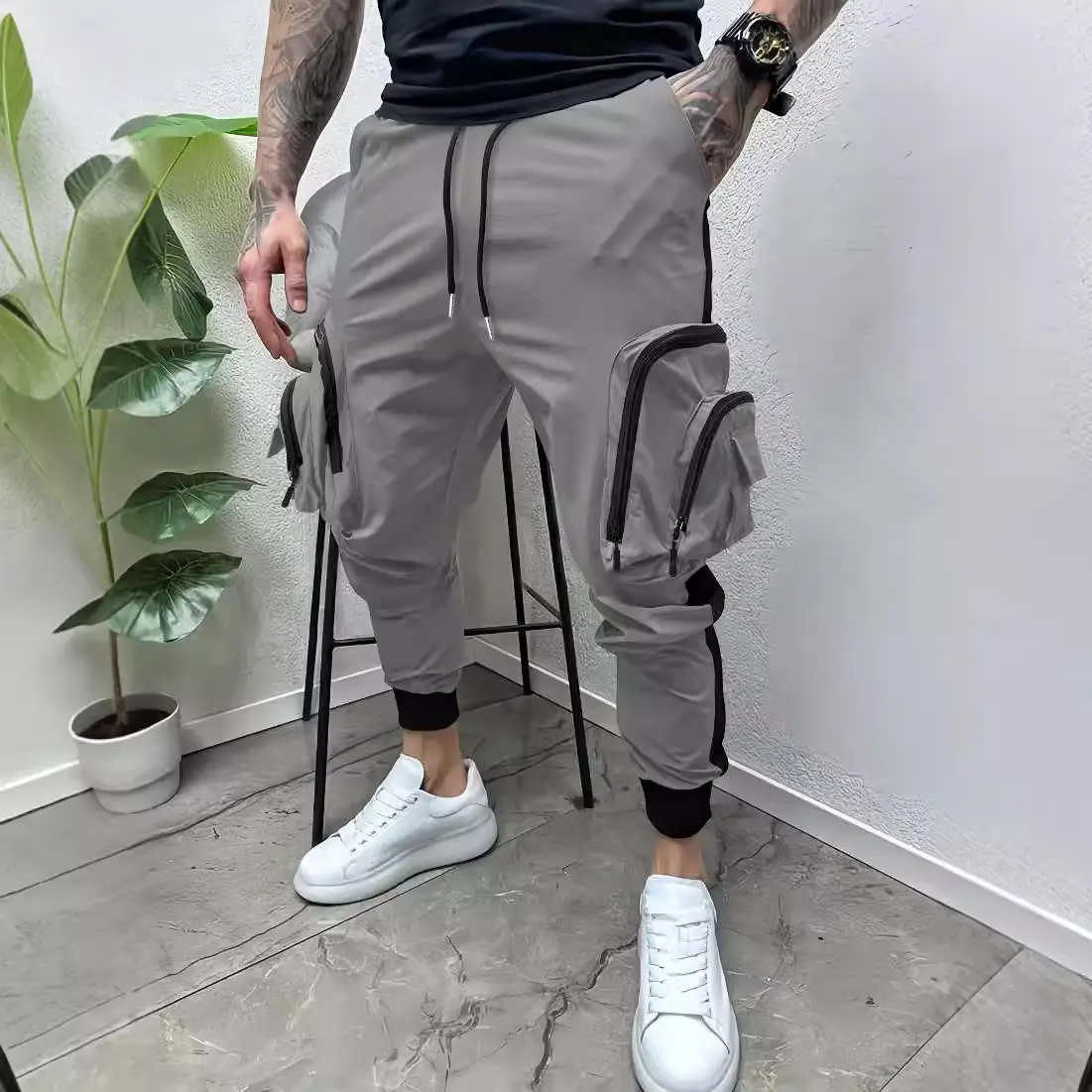Casual Zipper Multi-pocket Color Matching Tapered Overalls