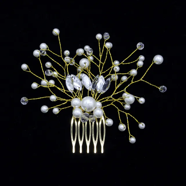 Bridal Headdress Pearl Hair Comb Wedding Bridal Accessories European And American Headdress Gold Iron Wire Version - Shop at LoveMi