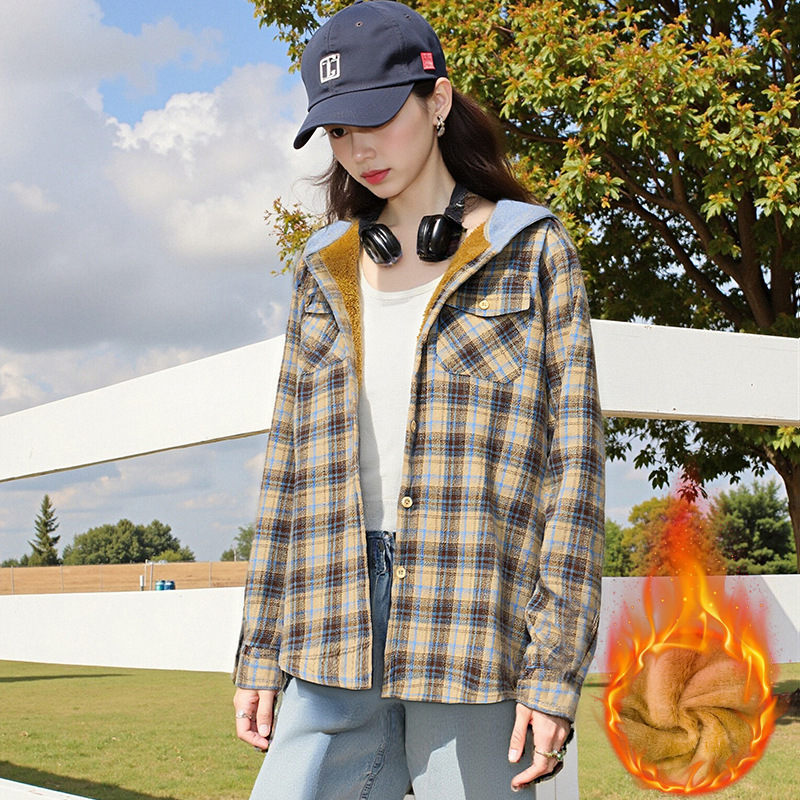 Casual And Loose Hooded Plaid Shirt Top For Women - Image 3
