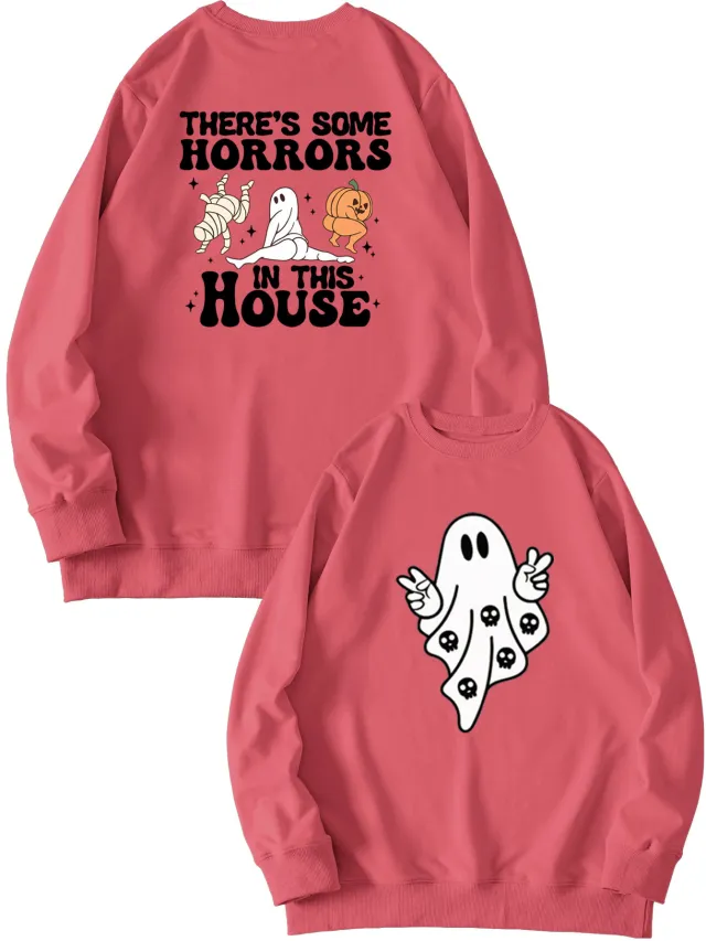 Women's Fashion Casual THERE'S SOME HORRORS Printed Pullover Long Sleeve Sweater Red Black Words - Shop at LoveMi