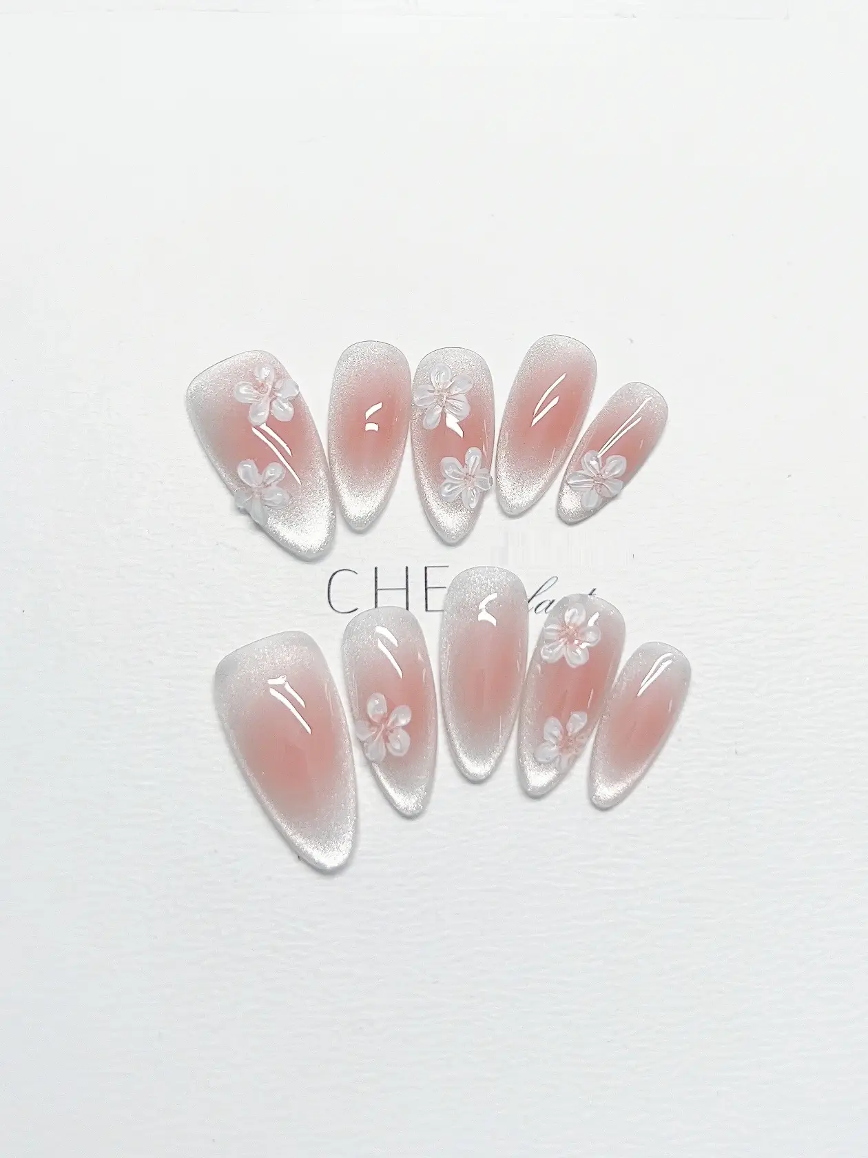 Flower Chinese Style Blush White Finished Almond Nail Stickers