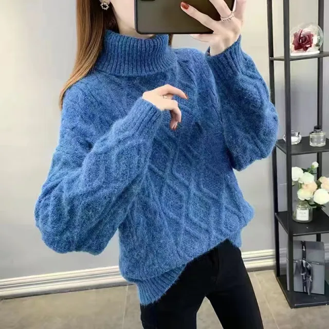 Women's Two lapel Korean Style Lazy Style Solid Color Thick Twist Sweater Blue - Shop at LoveMi