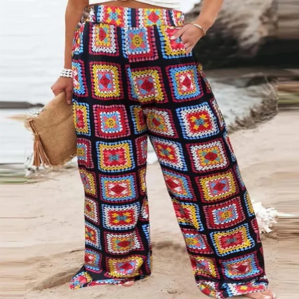 Women's Loose Casual And Comfortable Plaid Color Printed Trousers Red - Shop at LoveMi