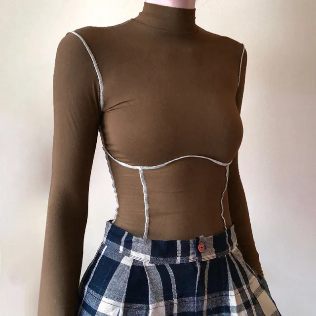 Chest shaped Stitching Sexy Knitted Top Brown - Shop at LoveMi