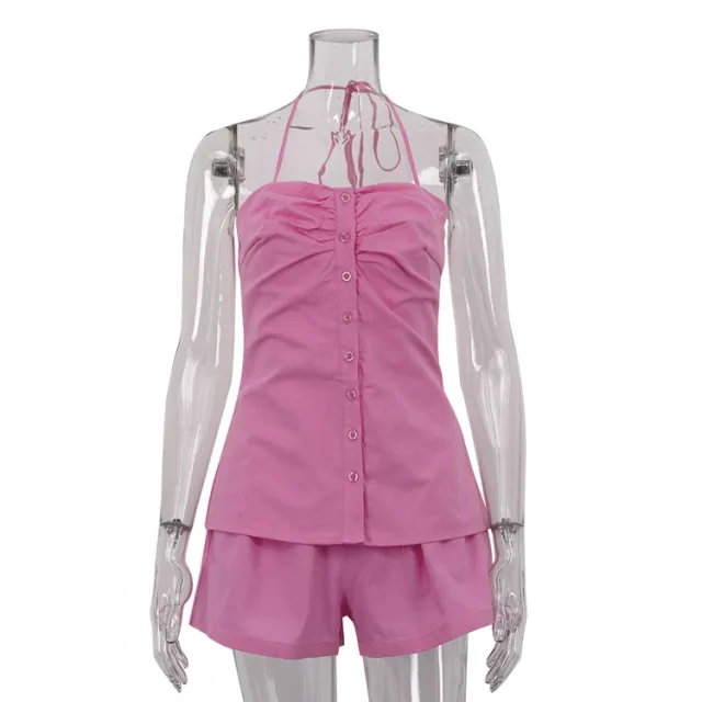 Cotton Tube Top Lace up Halterneck Sleeveless Backless Top Loose Shorts Two piece Set Pink - Shop at LoveMi