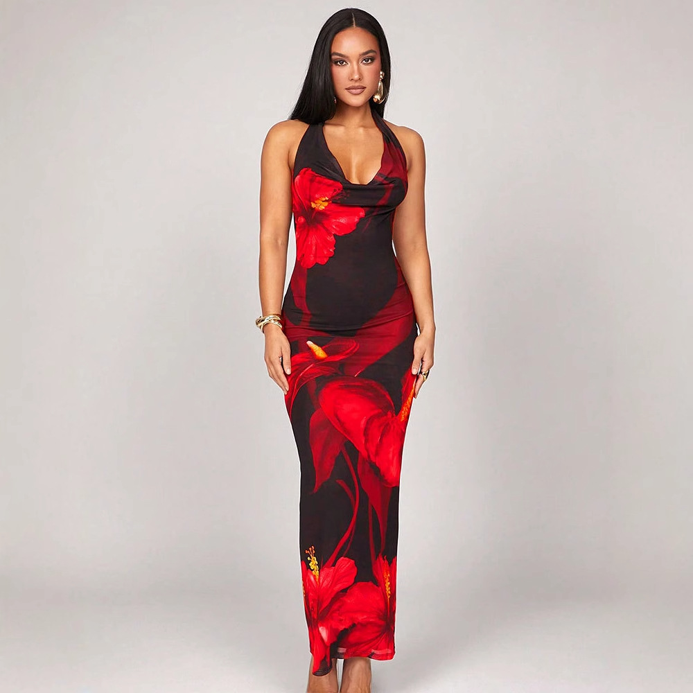 Printed Fashionable Sexy Halterneck Lace-Up Bodycon Dress