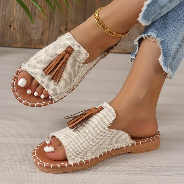 Women's Tassel Decorated Flat Sandals Beige - Shop at LoveMi