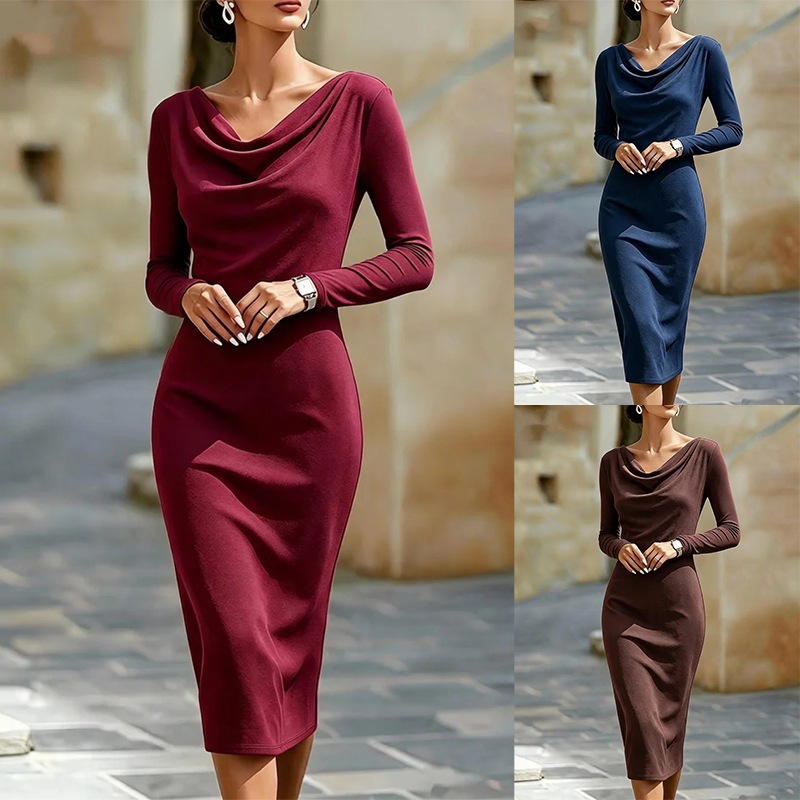 Boat Neck Long Sleeves Figure-hugging Hip-skimming Midi Dress For Women