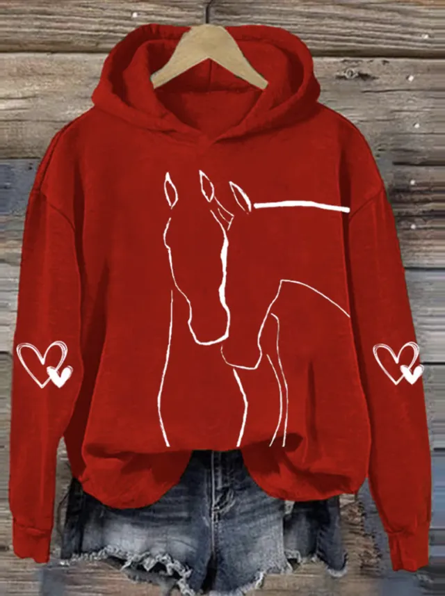Hoodie With A Simple Line art Pattern Red - Shop at LoveMi
