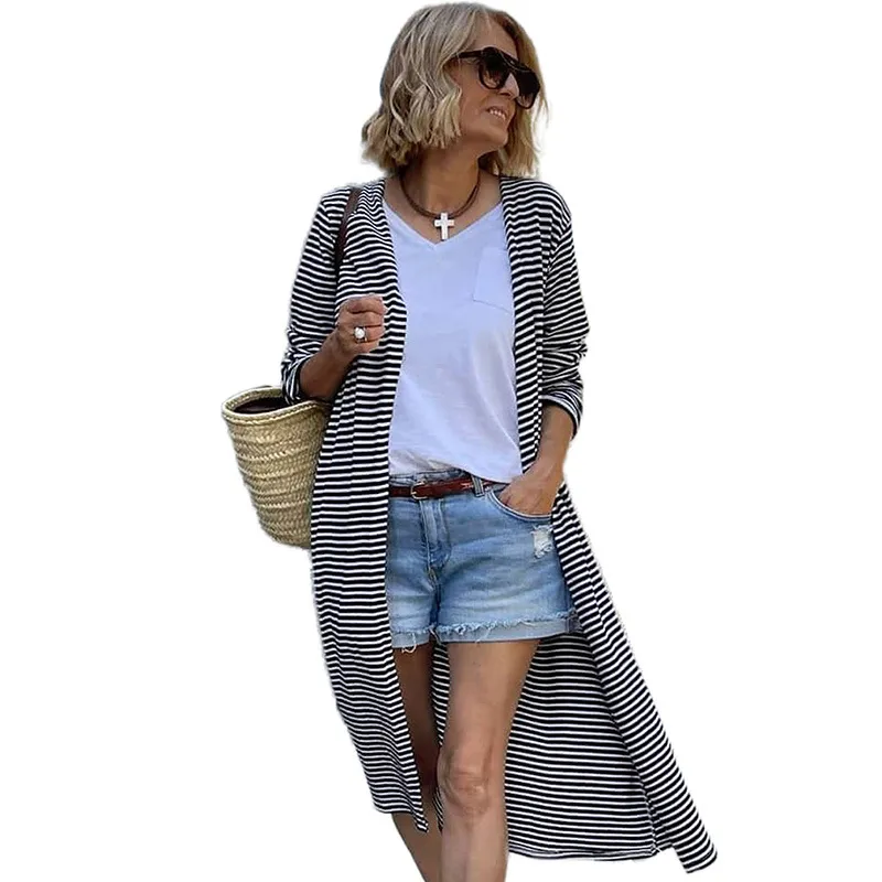 European And American Leisure All-match Loose Outer Long-sleeves Top For Women - Lc2541914 Stripes-Xxl