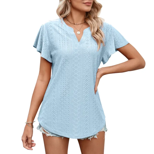 Women's Solid Color And V neck Ruffle Sleeve Casual T shirt Sky Blue - Shop at LoveMi