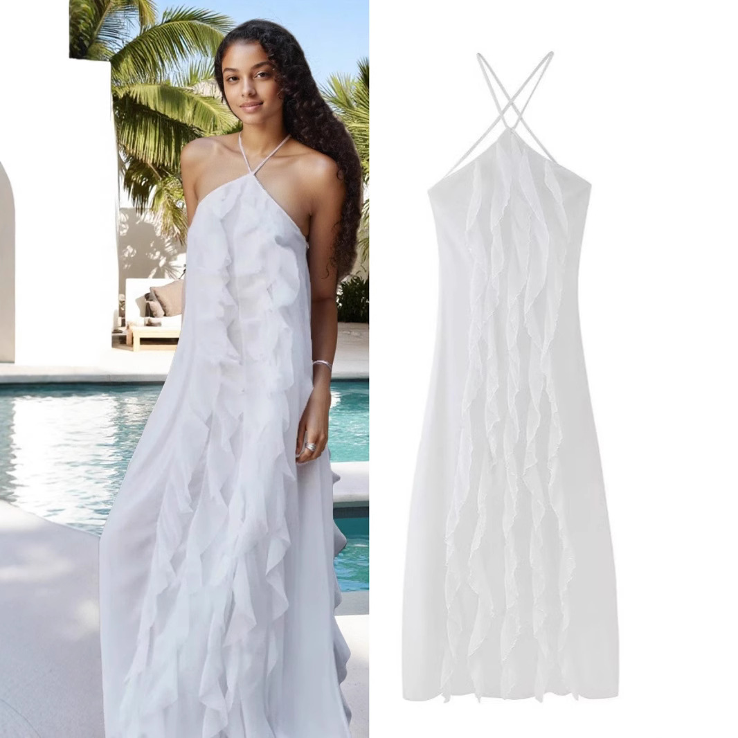 Pure Color Halter Backless Lace-up Sleeveless Ruffled Pleated Dress