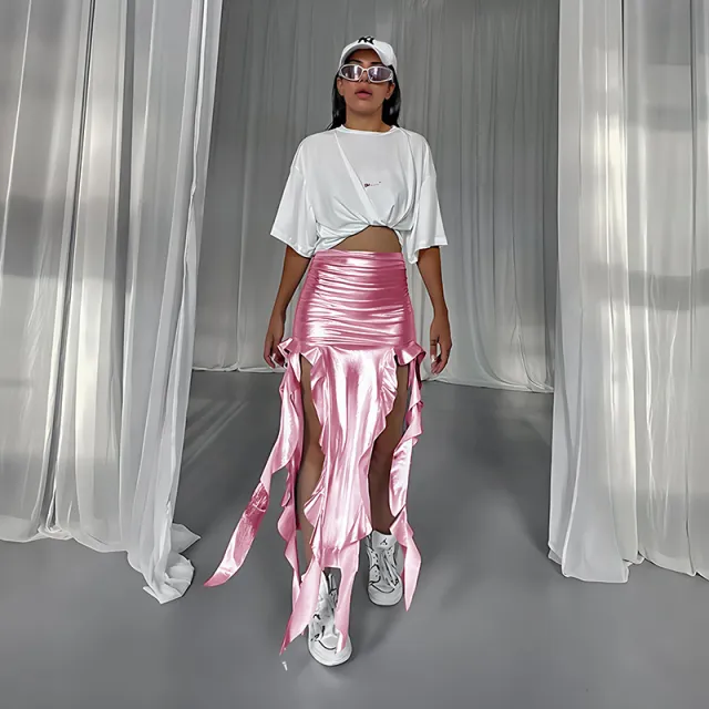 European And American Ribbon Tassel Reflective PU Fishtail Skirt Micro Elastic Irregular Pink - Shop at LoveMi