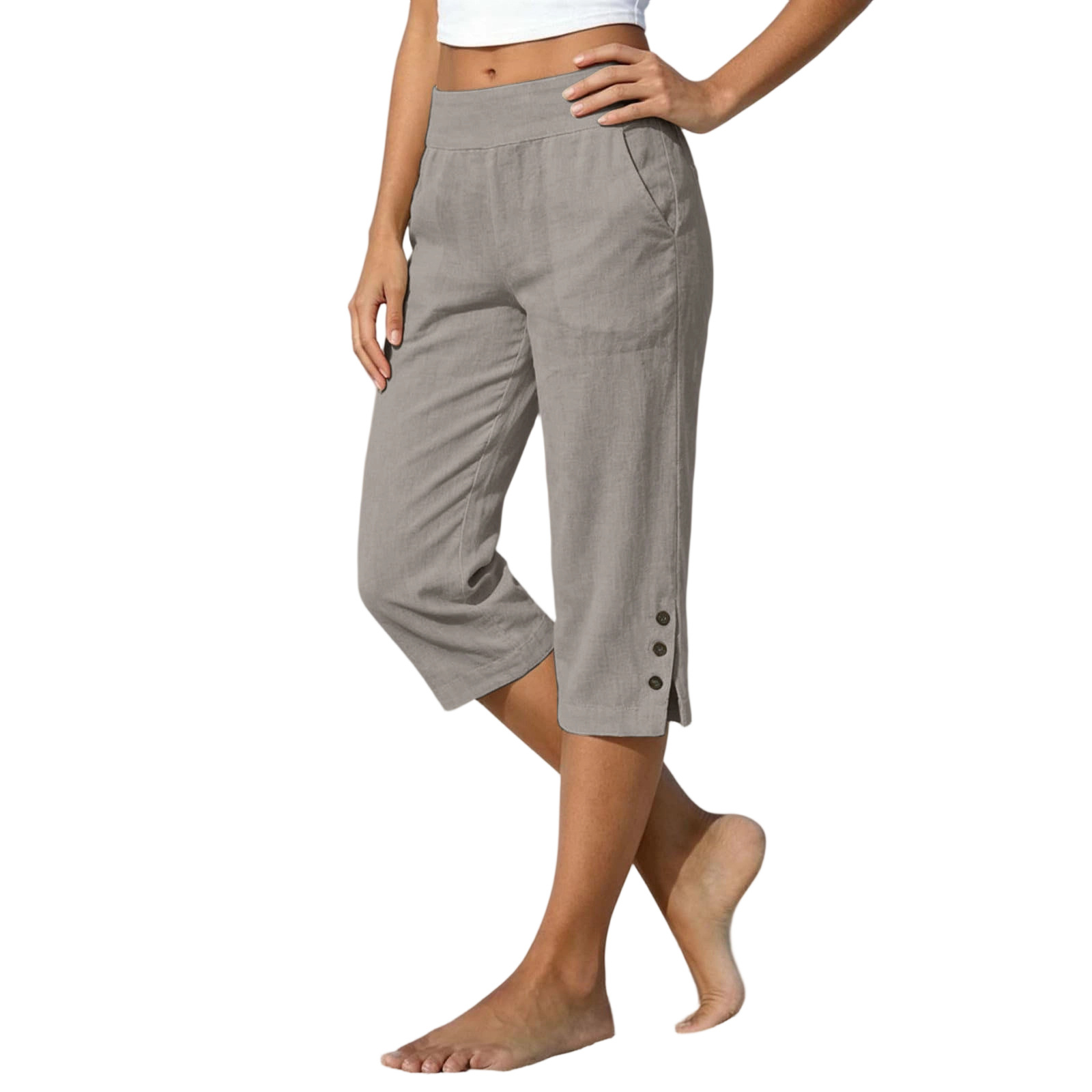 Women's high-waist cropped straight-leg pants – button detail slit front – front view